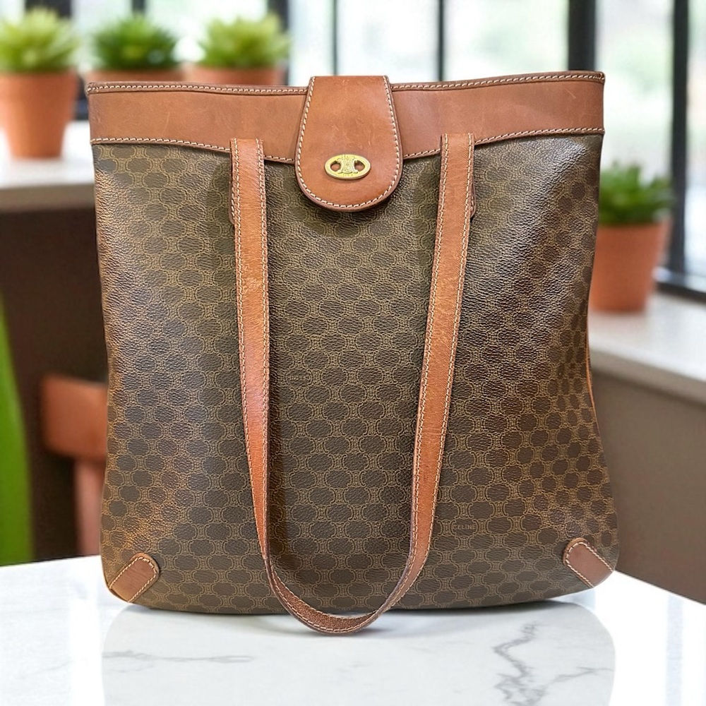 Celine Macadam messenger tote brown signature print leather trim